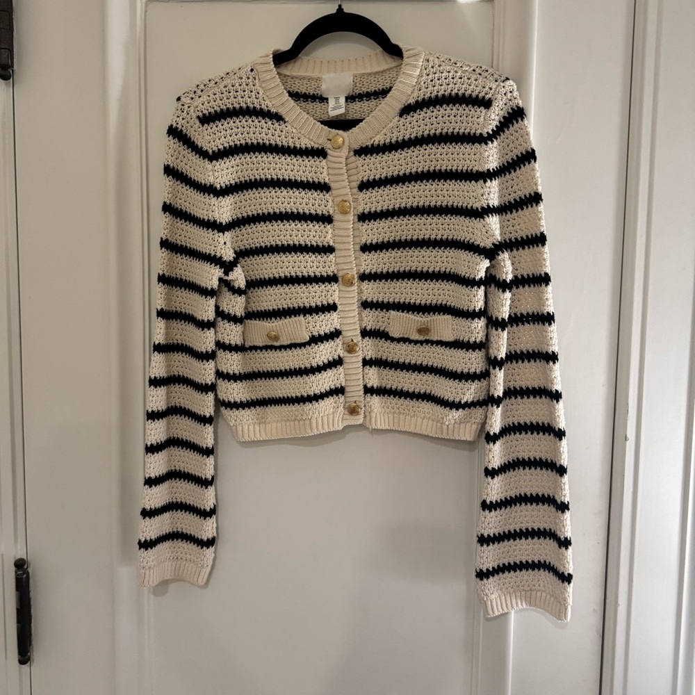 H&M Black and Cream Striped Cardigan with gold buttons size medium crochet like